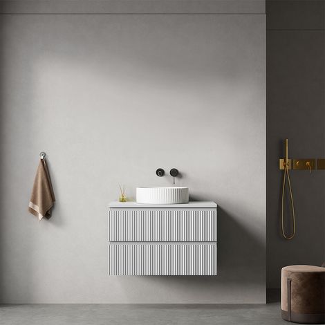 Mobile bagno sospeso cannettato 80 cm Bianco Opaco per Lavabo d'appoggio Senza Specchio - Fiji Paint Top Canneté (1/4)