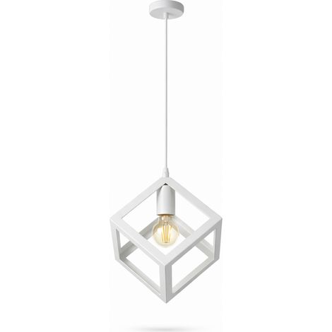 Lampadario Cubo Geometrico a Sospensione Bianco Attacco E27 Lampada Industrial Moderna Metallo per Cucina Tavolo Soggiorno Ristorante