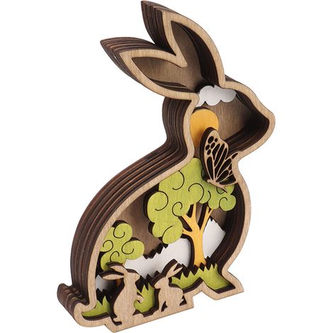 Décoration de Pâques en bois, lapin, ornement artisanal avec guirlande lumineuse, centre de table et centre de table. (1/5)