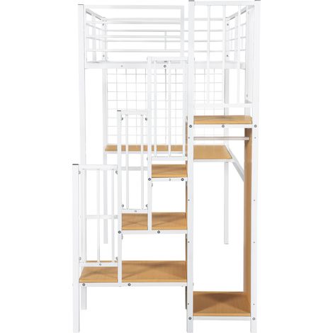 Cama alta 90 x 200 cm con escritorio y armario, metal y paneles, blanco natural (1/5)