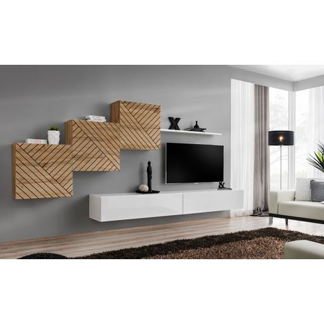 Ensemble de 6 meubles muraux "Switch X " pour TV en bois - Beige et Blanc - L 330 x H 150 x P 40 cm - Livraison gratuite