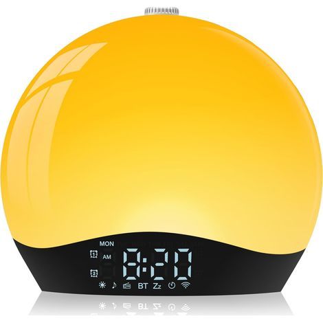 Réveil Simulateur d'Aube avec Enceinte Bluetooth, Lampe de Chevet LED Multicolore, Radio, 22 Sons Nature, 2 Alarmes, 20 Niveaux de Luminosité, Snooze, Minuterie - Adaptateur Inclus (Jaune) (1/5)