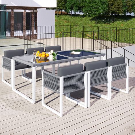 Ensemble table et 6 fauteuils jardin 7 pièces – Corde tressée, housses amovibles lavables, plateau verre, pour jardin terrasse (1/5)