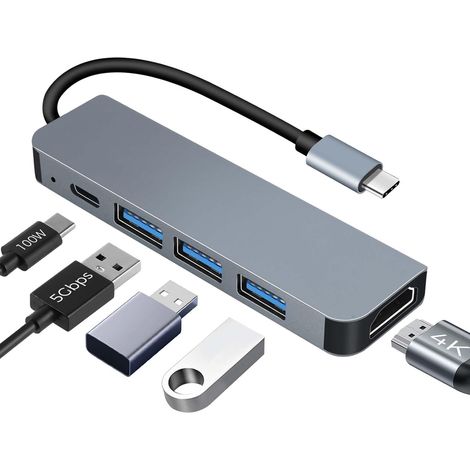 Hub USB C HDMI 4K PD 100W Charge, Multi Data Ports 5Gbps 5 en 1 Dock USB-C, Hub USBC Adaptateur Multiport Compatible pour MacBook Pro/Air,iMac,iPhone 16 15 Plus Pro Max, Samsung Galaxy
