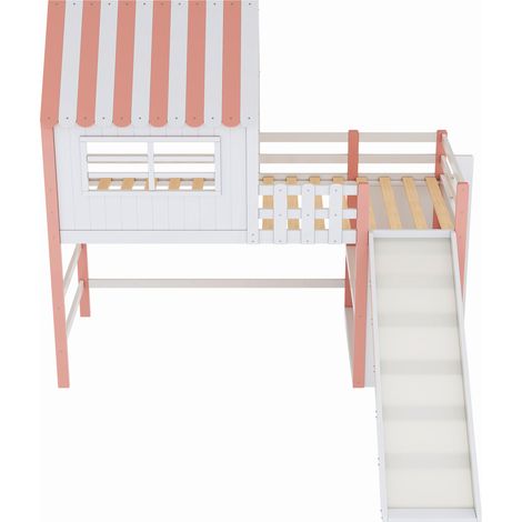 Cama alta infantil 90 x 200 cm rosa con tobogán, escalera de seguridad y almacenaje (1/5)
