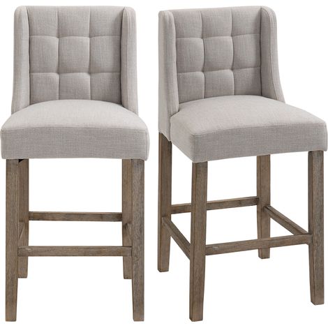 Set 2 sgabelli da bar con schienale imbottito e poggiapiedi in legno grigio naturale (1/5)
