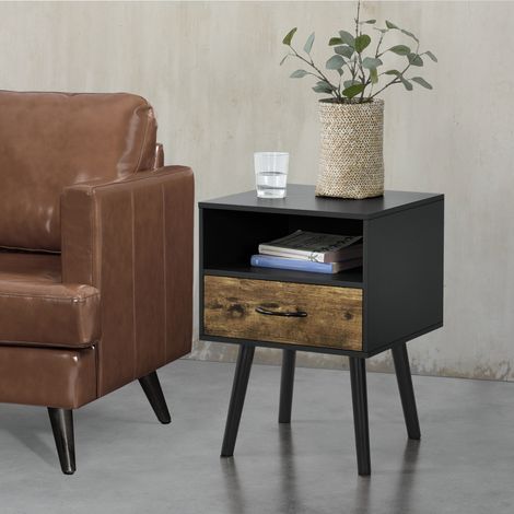 Mesita auxiliar Gävle con cajón 57x42x40 cm - Negro/Efecto madera oscura [en.casa] (1/5)
