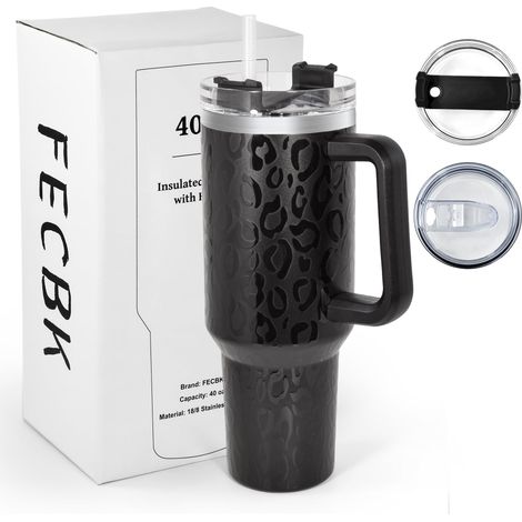 Gobelet isotherme avec paille et anse - 1,2 l - 100 % anti-fuite - Double paroi en acier inoxydable - Isolation sous vide - Avec poignée - Motif : panthère nocturne (1/5)