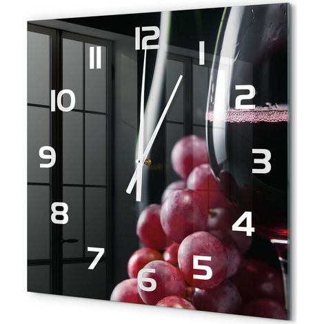 Grande Horloge Murale Carrée Décoration Murale Verre Trempé Design Artistique Raisins et vin 60x60 cm (1/5)
