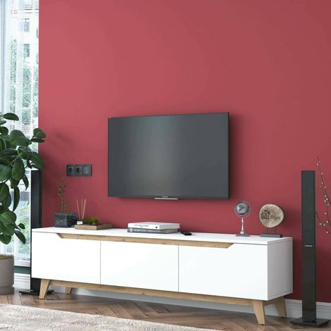 Dmora - Fernsehschrank Cor, Ständer für Wohnzimmerfernseher, Niedriges Wohnzimmer-Sideboard, TV-Ständerbasis, 180x35h49 cm, Weiß und Walnuss, mit verstärkter Verpackung (1/5)
