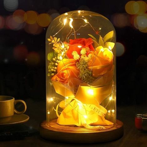 Rose Eternelle Sous Cloche - Dôme Verre Borosilicate 20 cm - Éclairage LED Chaud - 3 Roses Or - Décoration Intérieure (1/4)