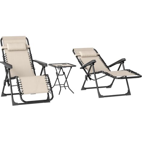 Outsunny Set 2 Sdraio Zero Gravity Pieghevoli e Regolabili con Tavolino Beige