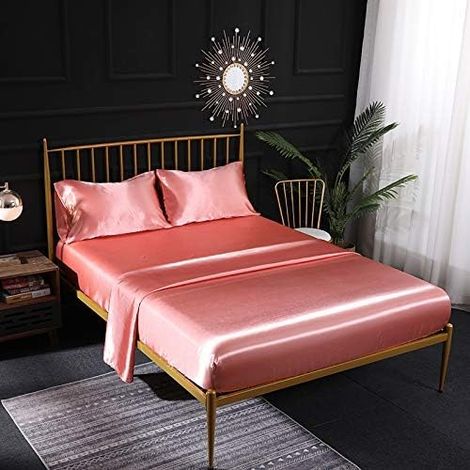 Ensemble de literie trois pièces rose respirante, drap plat, taie d'oreiller en satin imitation soie, (rose) 99x190x35cm (1/5)