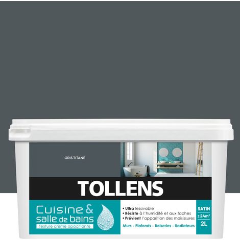 Peinture Cuisine Et Salle De Bain - Ultra Résistante - Tollens - Pour Murs, Boiseries, Radiateurs - Gris Titane - 2L = 24m2
