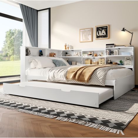 Sofá cama (140x200 cm), con cabecero con almacenaje, cama extraíble, madera de pino, blanco (1/5)