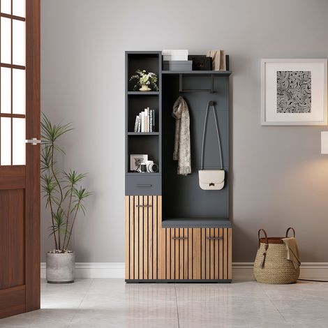 Appendiabiti da ingresso 80x35x175 cm con 2 ante, 1 cassetto, 5 ripiani, 2 ganci, panca imbottita, nero e legno (1/5)