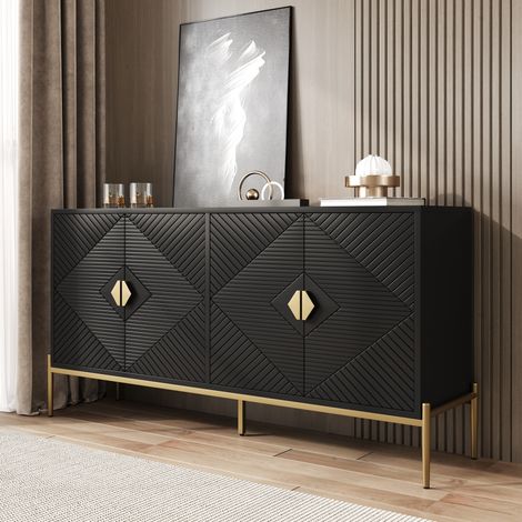 Credenza in MDF e truciolare nera 162 x 40 x 80 cm, 4 ante, gambe in metallo