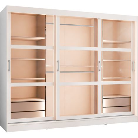 Mobilier1 – Armoire coulissante blanche 203x250x65cm – Verre trempé – Éclairage LED à économie d'énergie – Fabriqué en Europe