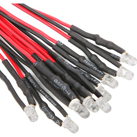 50 LEDs 12V mit Kabel, runder Kopf, hohe Helligkeit, direkter Steckeranschluss, einzelnes Blinken, 20cm Kabellänge, 3mm weißes/rotes Licht. (1/5)