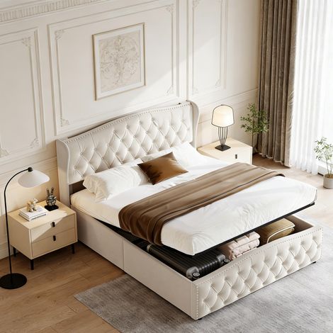 Cama adulta de 140x200 cm - Cama con almacenamiento - Terciopelo beige - Cabecero remachado ondulado - Compartimento de almacenamiento hidráulico - Base de láminas - Estructura de madera (1/5)