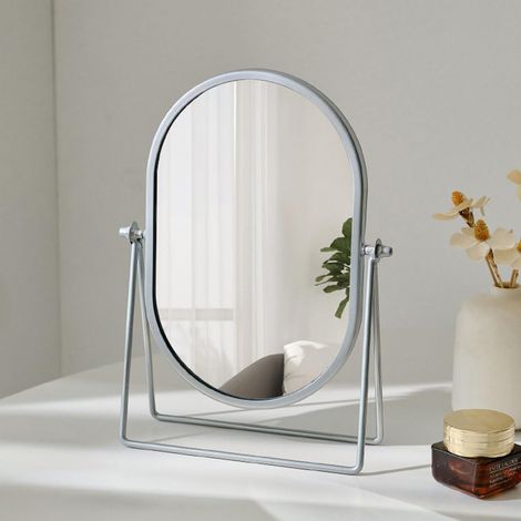 Miroir de bureau réglable avec cadre en métal rond sur pied pour salle de bain, chambre à coucher (argenté)