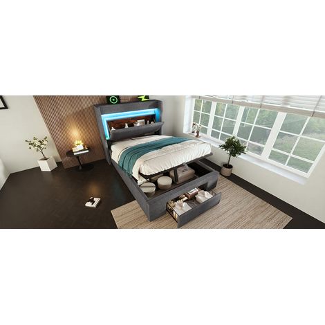Canapé 90x200 cm de lino gris con LED, USB y almacenaje, sin colchón, ahorra espacio – MEUBLIV (1/5)