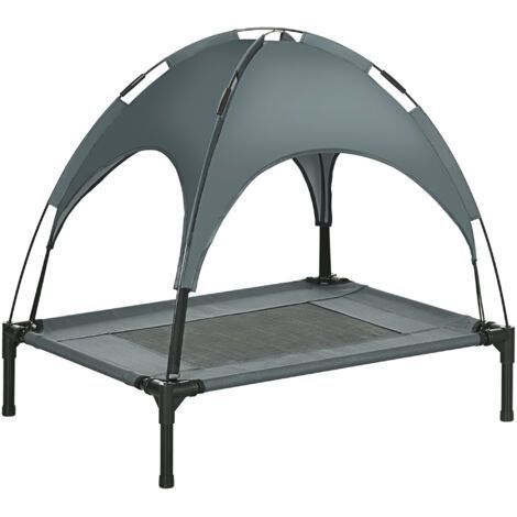 Lit surélevé pour chien PawHut avec auvent, couchage pour animaux, transat d'extérieur avec toit, respirant, en taffetas, idéal pour le camping, gris, 76 x 61 x 73 cm (1/5)