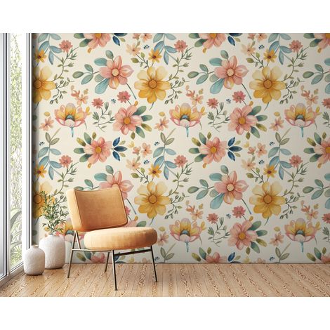 Papier peint fleuri - millefleurs jaune rétro - 150 x 250 cm (1/2)