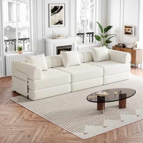3-Sitzer-Schlafsofa für das Wohnzimmer 274 x 91,4 x 69,8 cm - Modulares, ausbaufähiges 2-in-1-Sofa aus Chenille-Stoff mit Staufach in der Armlehne – Beige