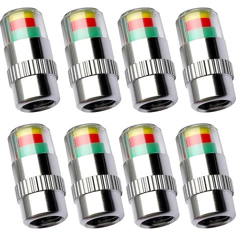 Lot de 8 Bouchons de Valve avec Indicateur de Pression des Pneus, Affichage 3 Couleurs pour Surveillance de Pression, Antivol, Cache-Poussière Universel pour Voitures, Motos et Vélos (1/5)
