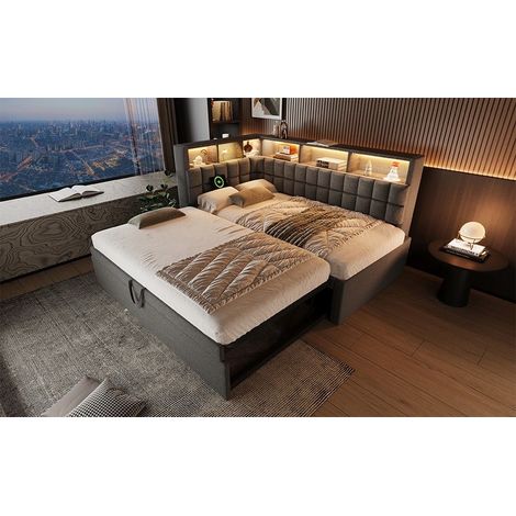 Lit gigogne 90x200 cm en lin avec lit tiroir 90x190 cm, LED, Bluetooth, USB Type-C, tête de lit rangement, sommier inclus, sans matelas (1/5)