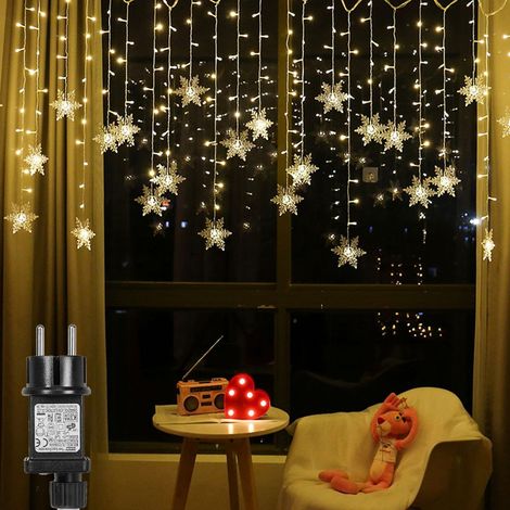 Guirlande lumineuse féérique à 94 LED en forme de flocons de neige, 31 V, blanc chaud, étanche, 8 modes d'éclairage, rideau lumineux avec minuterie, décoration de Noël pour intérieur et extérieur (fen (1/5)