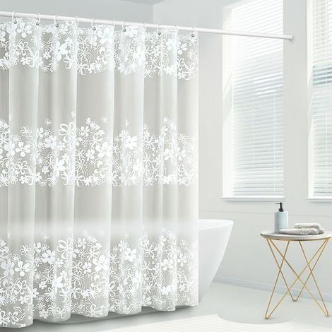 Curtain with Attached Valance for Bathroom, White Victorian Floral Sheer Knit, Shabby Chic Fabric Decor Set, W 72" x L 72" (1/5)