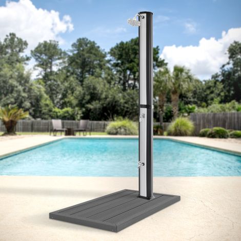 ML-Design Ducha Solar de Jardín de 35L Negro Plateado 217cm Agua Caliente 60°C sin Electricidad con Elemento de Suelo Conexión para Manguera Moderno Elegante Cabezal Ducha de Lluvia Ajustable y Grifo (1/5)