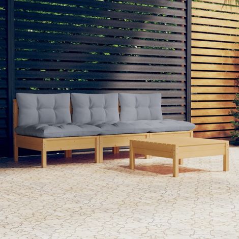 4-tlg. Garten-Lounge-Set mit Grauen Kissen Kiefernholz (1/5)