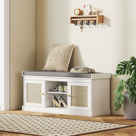 Schuhbank mit Rattanfronttüren, verstellbaren und offenen Regalböden für Eingangsbereich und Schlafzimmer, 105 x 35 x 47 cm, Weiß
