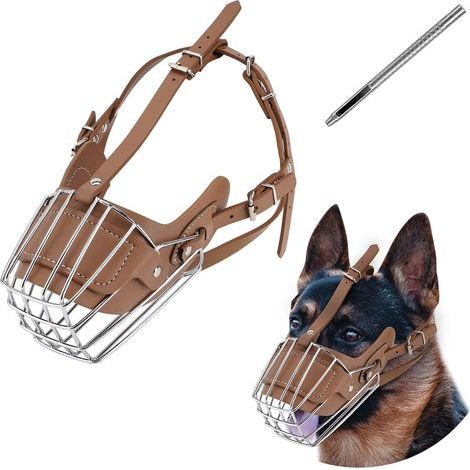 Dog muzzle, metal dog basket, adjustable and breathable leather dog leash, suitable for large to medium-sized dogs (BrownL) (1/5)