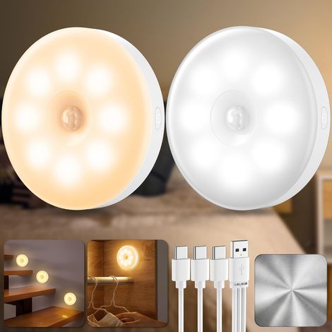 2pcs Veilleuse Detecteur de Mouvement, Rechargeable USB, Lumière Blanche et Chaude, Pour Couloir Cuisine Escalier (1/5)