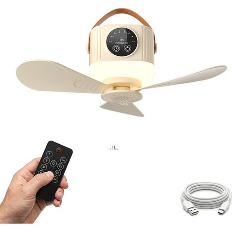 Ventilateur de plafond portable avec télécommande et éclairage, batterie rechargeable de 7200 mAh – Idéal pour dortoirs, tentes, camping-cars, camping en plein air, etc. (Jaune crème) (1/4)