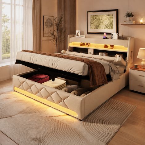 Lit coffre LED 140x200 cm, lit double capitonné avec tête de lit rangement, USB Type-C, LED 360°, rangement hydraulique, lin, beige (1/5)