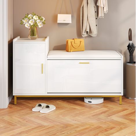 Banco zapatero 100x38x68 cm de madera y metal blanco y dorado con almacenaje FloraGrace (1/5)