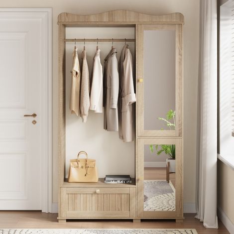 Flurmöbel mit Spiegel und Kleiderschrank – 115,5 x 38,5 x 194,5 cm – Aufbewahrungsschrank mit Schublade und 2 Türen – Eiche (1/5)