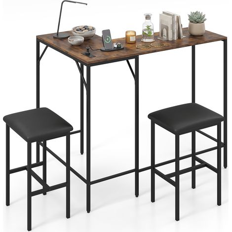 Ensemble Table de Bar avec 2 Tabourets Ensemble Table Haute Convertible, avec Borne de Recharge Intégrée, Structure Métallique, Marron (1/5)