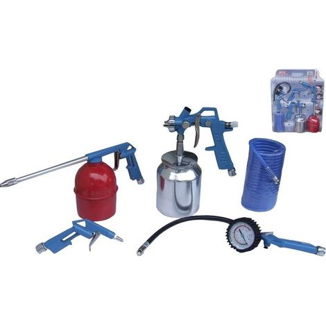 Labor 10938 Kit Accessori per Compressore 5 Pezzi con Aerografo Pistola Lavaggio Soffiaggio Gonfiaggio Tubo a Spirale colore Nero