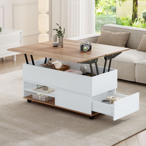Tkopy - Table basse blanche de couleur bois naturel, table basse relevable, pied de table basse monté sur roulettes, table basse avec rangement, rangements dissimulés , dimensions 100x98x65 cm (1/5)