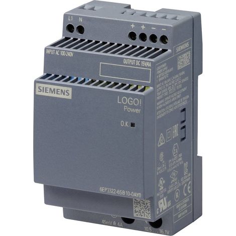 Alimentation pour rail DIN Siemens, série LOGOPOWER, 15V c.c.out 4A, 230V c.a.in, 60W ( Prix pour 1 ) (1/2)
