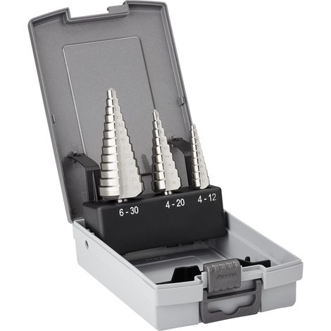 Stufenbohrer-Set 3-tlg. HSS-G Schälbohrersatz Konusbohrer Kegelbohrer mit Ø 4-12 mm Ø 4-20 mm Ø 6-30 mm von SOTECH (1/4)