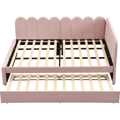Cama tapizada de terciopelo rosa con sofá cama en L y cama nido 140 x 200 cm HOMVRA (1/5)