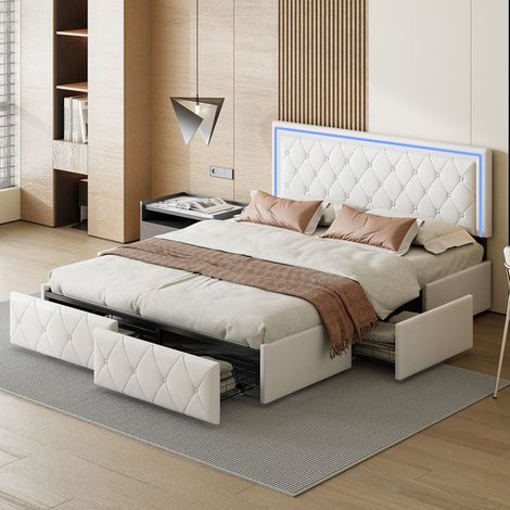 Doppelbett 140x200 cm mit Lattenrost und 4 Schubladen, Kopfteil mit dekorativem Knopf und LED, Polsterbett, Erwachsenenbett, Kunstleder PU