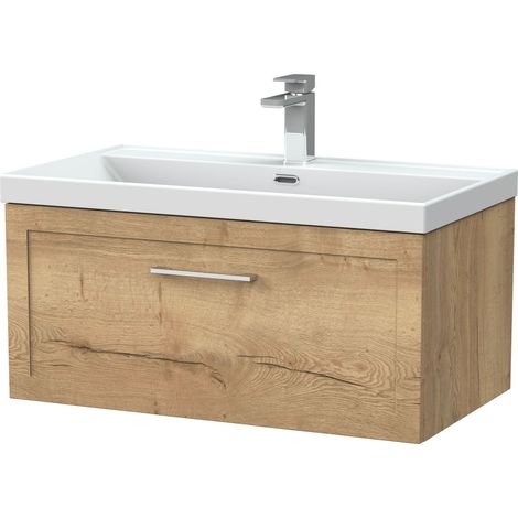 Stonnall Traditional Wall Hung 1 Drawer Vanity Unit with Thin-Edge Ceramic Basin, 800mm, Autumn Oak